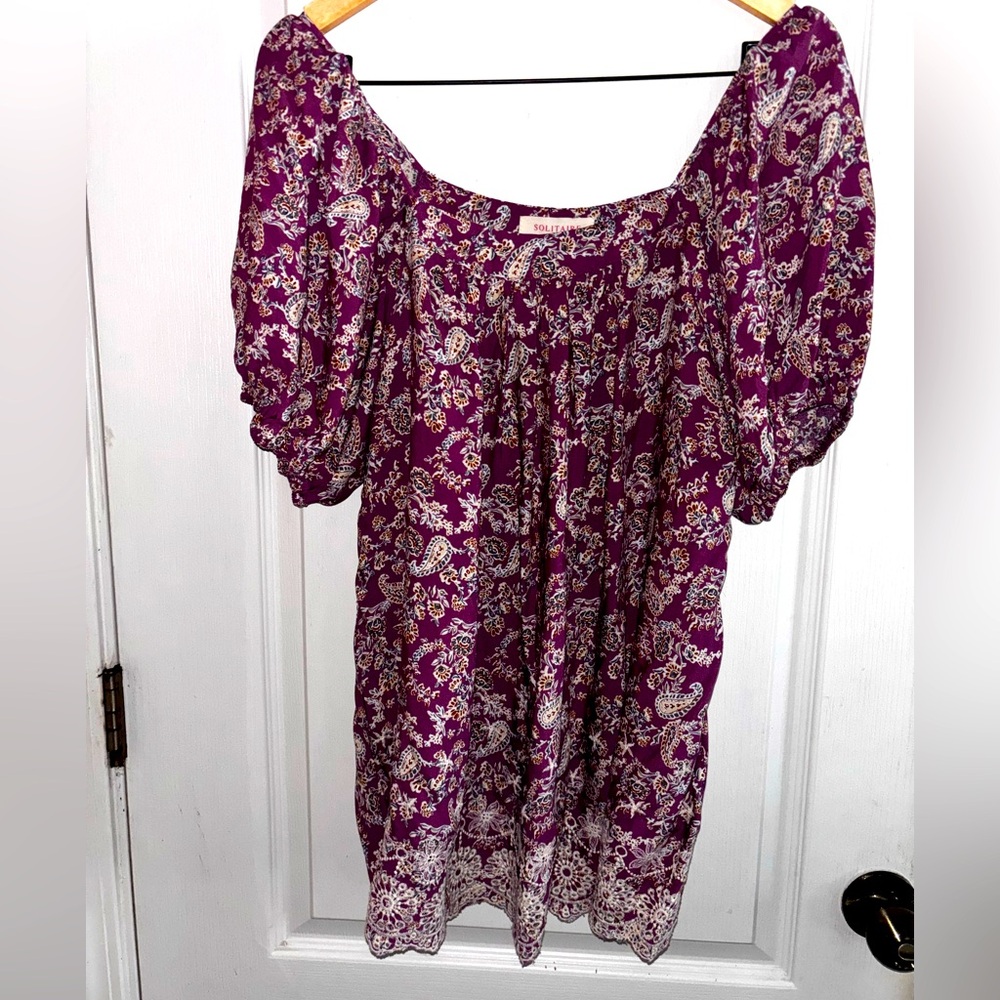 Solitaire Wine Purple paisley print peasant Blouse